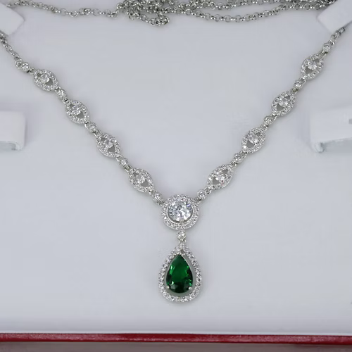 White Gold Finish Created Diamond Green Emerald Classic Retro Necklace & Dangle