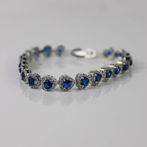 WHITE GOLD FINISH Blue Sapphire Created Diamond Heart Cut Bracelet + Gift Box