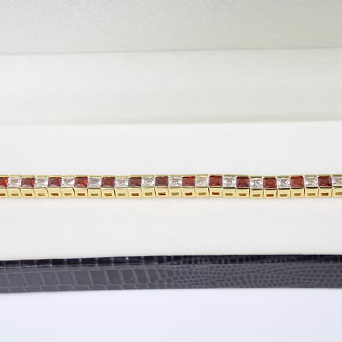 YELLOW GOLD FINISH Red Garnet Princess Cut Alternating CD Bracelet