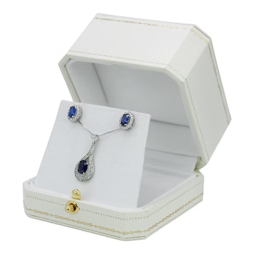 White Gold Finish Created Diamond Blue Sapphire Oval Cut Set