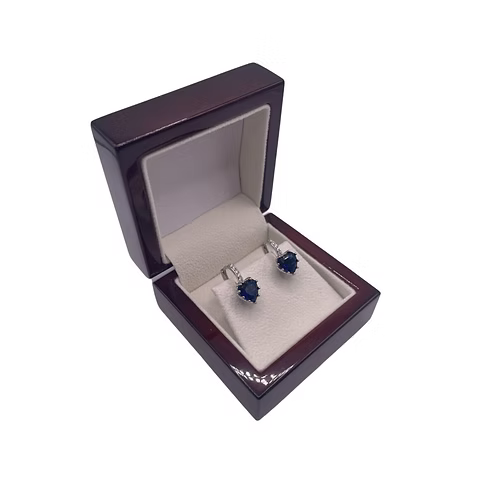 WHITE GOLD FINISH Blue Sapphire Heart Cut Created Diamond hoop earrings