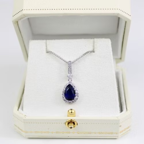 WHITE GOLD FINISH Blue Sapphire Pear Cut Created Diamond Necklace