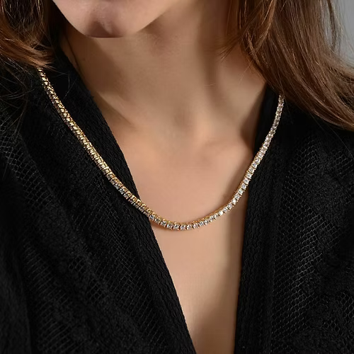 Yellow Gold Finish Created Diamond Round Cut Tennis Necklace