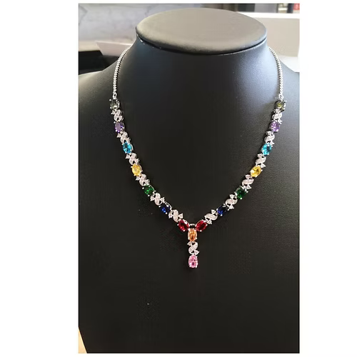 White Gold Finish Multicoloured Love And Kisses Necklace