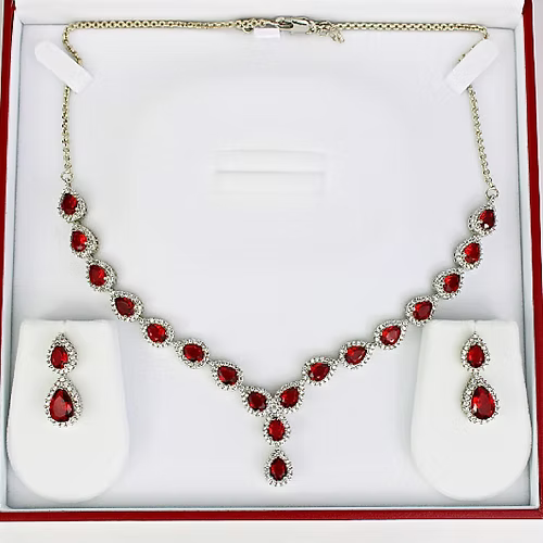 WHITE GOLD FINISH Red Ruby Pear Cut Cluster Created Diamond Necklace and Dangle