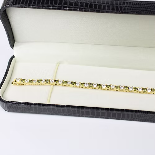 YELLOW GOLD FINISH Green Peridot Round Cut Alternating Created Diamond Bracelet