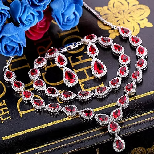 White Gold Finish Red Ruby Pear Cut and Created Diamond Set