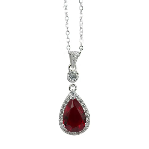 White Gold Finish Created Diamond And Red Ruby Pear Cut Dangle Set