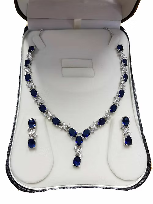 White gold finish oval blue sapphire and created diamond earrings necklace Set