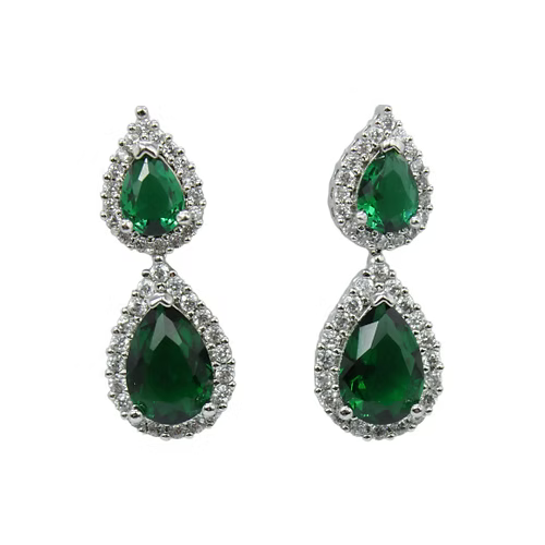White Gold Finish Created Diamond Green Emerald Classic Pear Cut Set