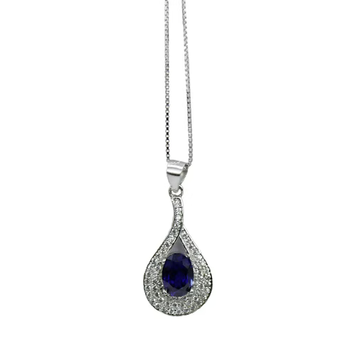White Gold Finish Created Diamond Blue Sapphire Oval Cut Set