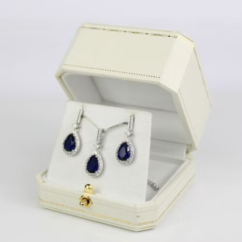 WHITE GOLD FINISH Blue Sapphire Pear Cut Created Diamond Dangle Jewellery Set