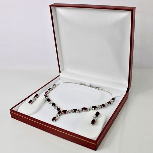 WHITE GOLD FINISH Ruby Created Diamond Love and Kisses Necklace Earrings Set