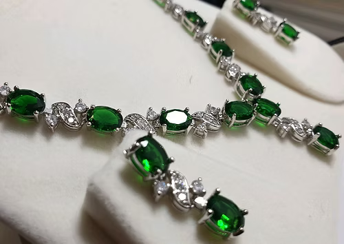 Green Emerald and Created Diamond Necklace Earrings Set - Elegant and Stunning