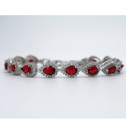 White Gold Finish Created Diamond Red Ruby Classic Pear Cut Set