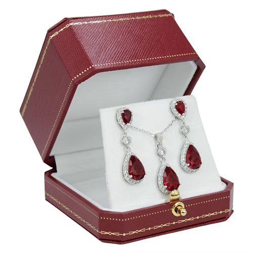 White Gold Finish Created Diamond And Red Ruby Pear Cut Dangle Set