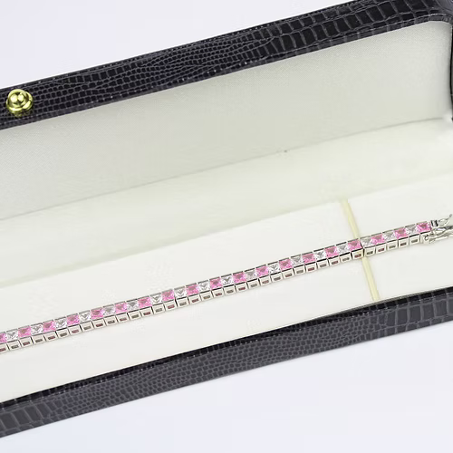 WHITE GOLD FINISH Pink Tourmaline Princess Cut Alternating CD Bracelet