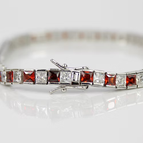 WHITE GOLD FINISH Red Garnet Princess Cut Alternating CD Bracelet