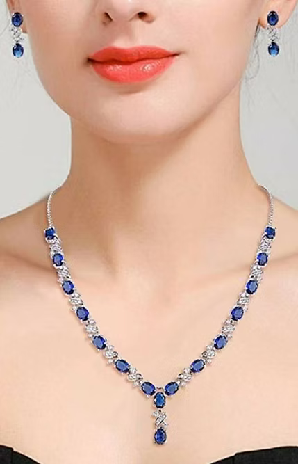 White gold finish oval blue sapphire and created diamond earrings necklace Set