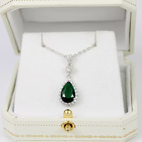 WHITE GOLD FINISH Green Emerald Pear Cut Created Diamond Pendant Necklace