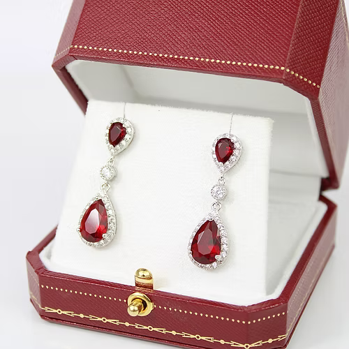 WHITE GOLD FINISH Red Ruby Pear Cut Dangle Created Diamonds Earrings
