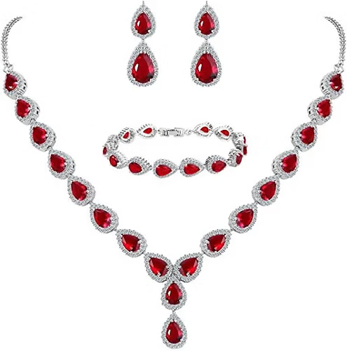 White Gold Finish Red Ruby Pear Cut and Created Diamond Set