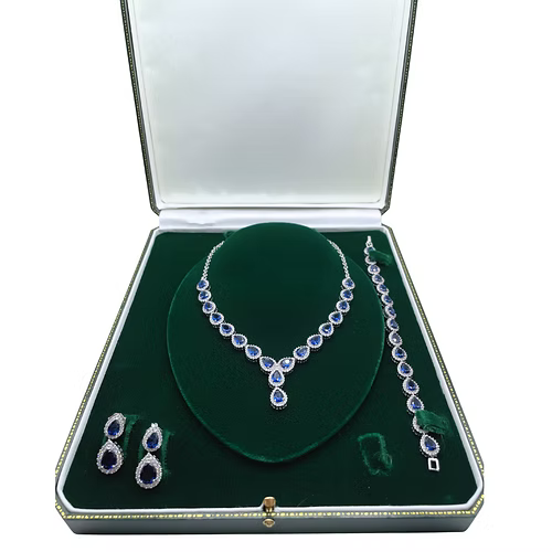 White Gold Finish Blue Sapphire Pear Cut and Created Diamond Set