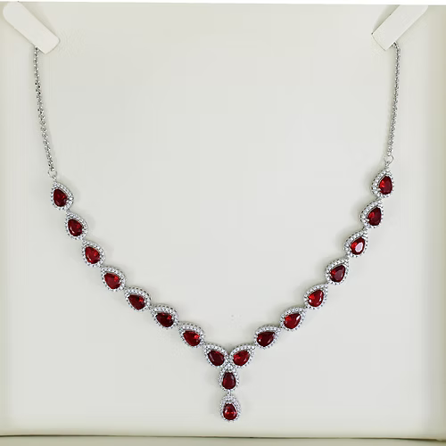WHITE GOLD FINISH Red Ruby Pear Cut Cluster Created Diamond Necklace