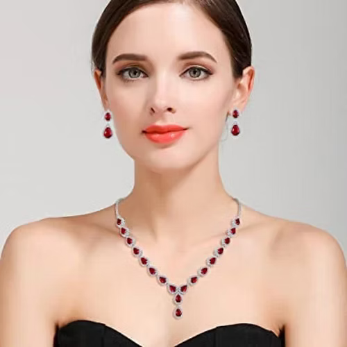 White Gold Finish Red Ruby Pear Cut and Created Diamond Set