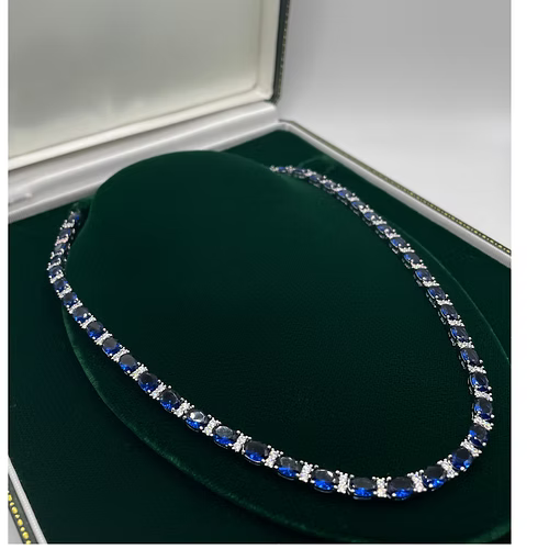 WHITE GOLD FINISH Oval Cut Blue Sapphire and Round Cut Created Diamond Necklace
