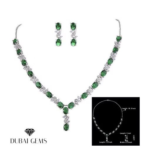 Green Emerald and Created Diamond Necklace Earrings Set - Elegant and Stunning