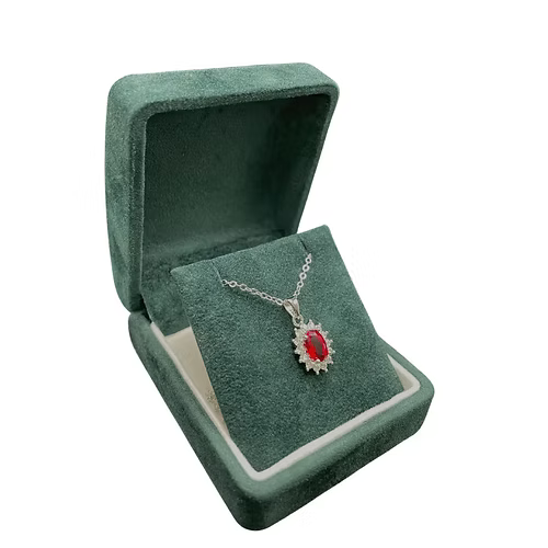 White Gold Finish Created Diamond Red Ruby Oval Cut Star Design Necklace