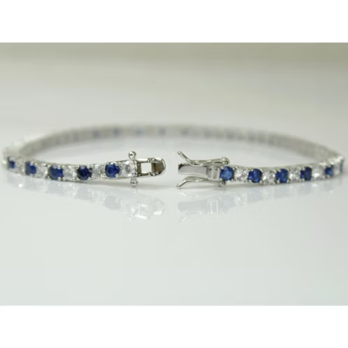 White Gold Finish Created Diamond Blue Sapphire Round Cut Tennis Bracelet