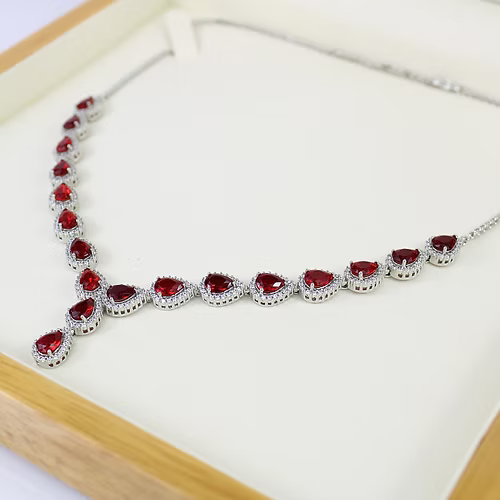 WHITE GOLD FINISH Red Ruby Pear Cut Cluster Created Diamond Necklace