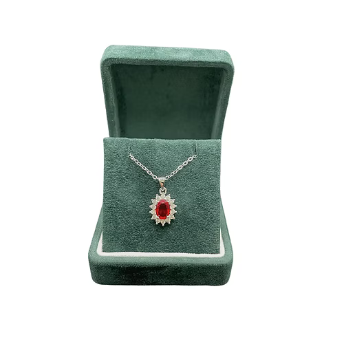 White Gold Finish Created Diamond Red Ruby Oval Cut Star Design Necklace