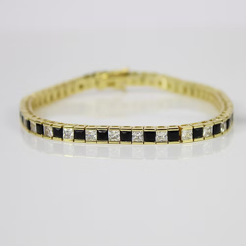 YELLOW GOLD FINISH Black Onyx Princess Cut Created Diamond Bracelet