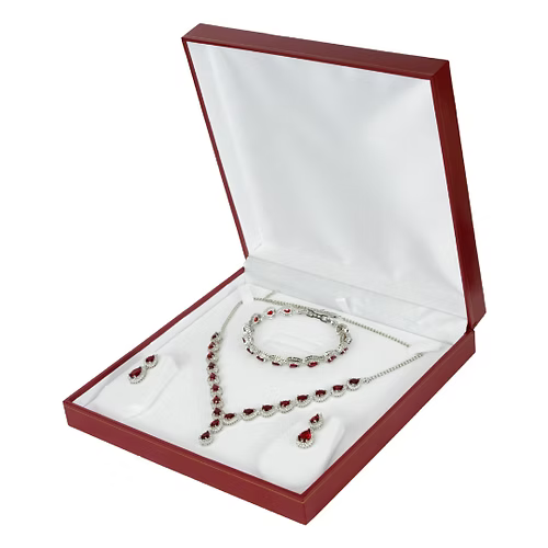 White Gold Finish Created Diamond Red Ruby Classic Pear Cut Set