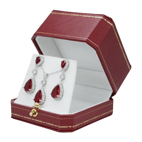 White Gold Finish Created Diamond And Red Ruby Pear Cut Dangle Set