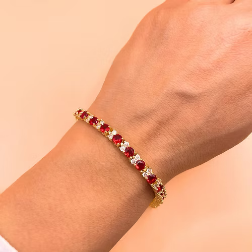 Yellow gold finish round cut red ruby with 2 tiny created diamond bracelet
