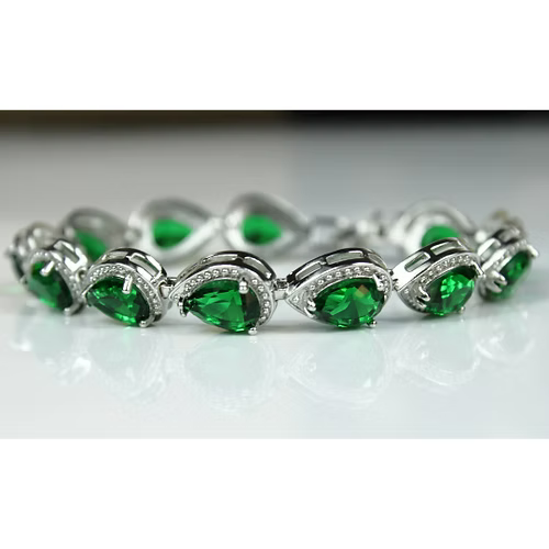 White gold finish Green Emerald And created diamond Pear Cut bracelet