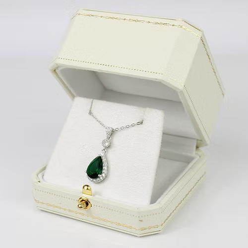 WHITE GOLD FINISH Green Emerald Pear Cut Created Diamond Pendant Necklace