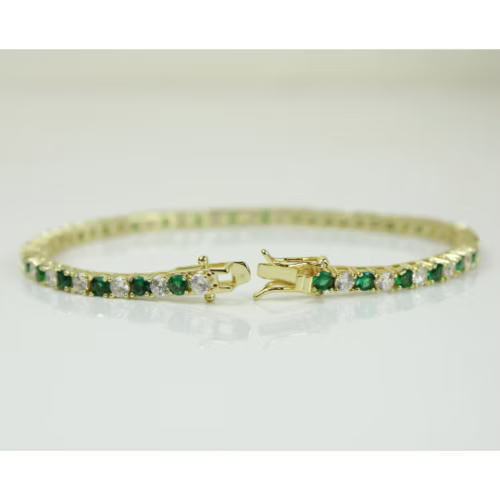 Yellow Gold Finish Created Diamond Green Emerald Round Cut Tennis Bracelet