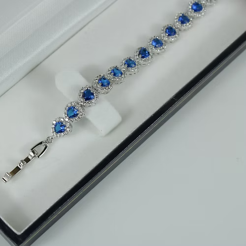 WHITE GOLD FINISH Blue Sapphire Created Diamond Heart Cut Bracelet + Gift Box