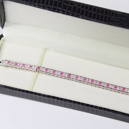 WHITE GOLD FINISH Pink Tourmaline Princess Cut Alternating CD Bracelet