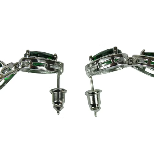 White Gold Finish Created Diamond Green Emerald Pear Cut Classic Dangle Earrings