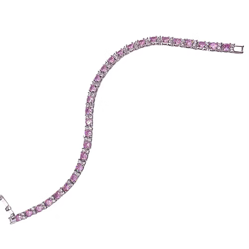 White Gold Finish Pink Tourmaline with 2 Created Diamond Tennis Bracelet