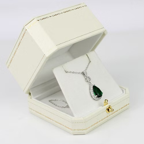 WHITE GOLD FINISH Green Emerald Pear Cut Created Diamond Pendant Necklace