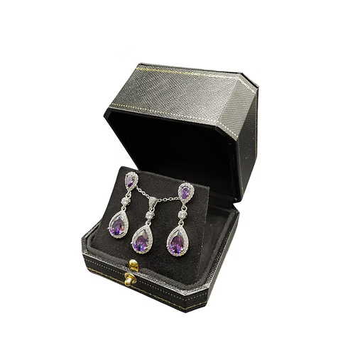 White Gold Finish Purple Amethyst Created Diamond Pear Cut Set