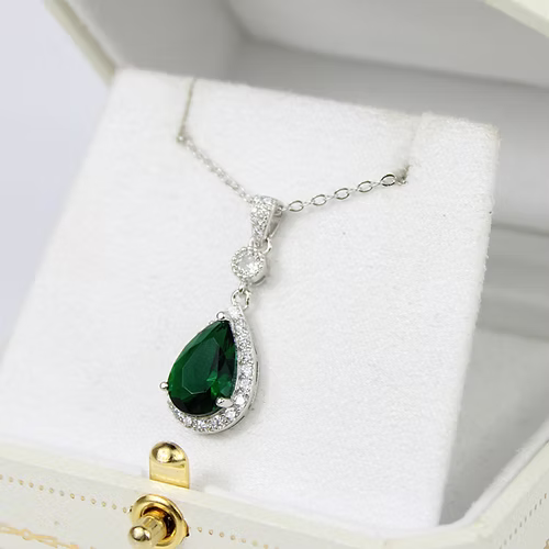 WHITE GOLD FINISH Green Emerald Pear Cut Created Diamond Pendant Necklace