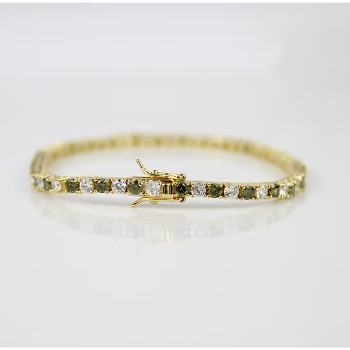 YELLOW GOLD FINISH Green Peridot Round Cut Alternating Created Diamond Bracelet